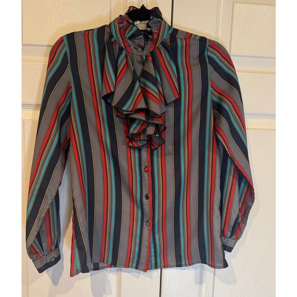 Vintage Retro 1970s Ruffle Bib Neck Blouse by Chanteuse - Picture 1 of 7